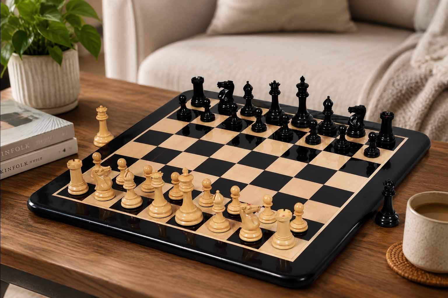 1865 Steinitz Staunton Chess Set in Ebony Wood with Board 3.75" King