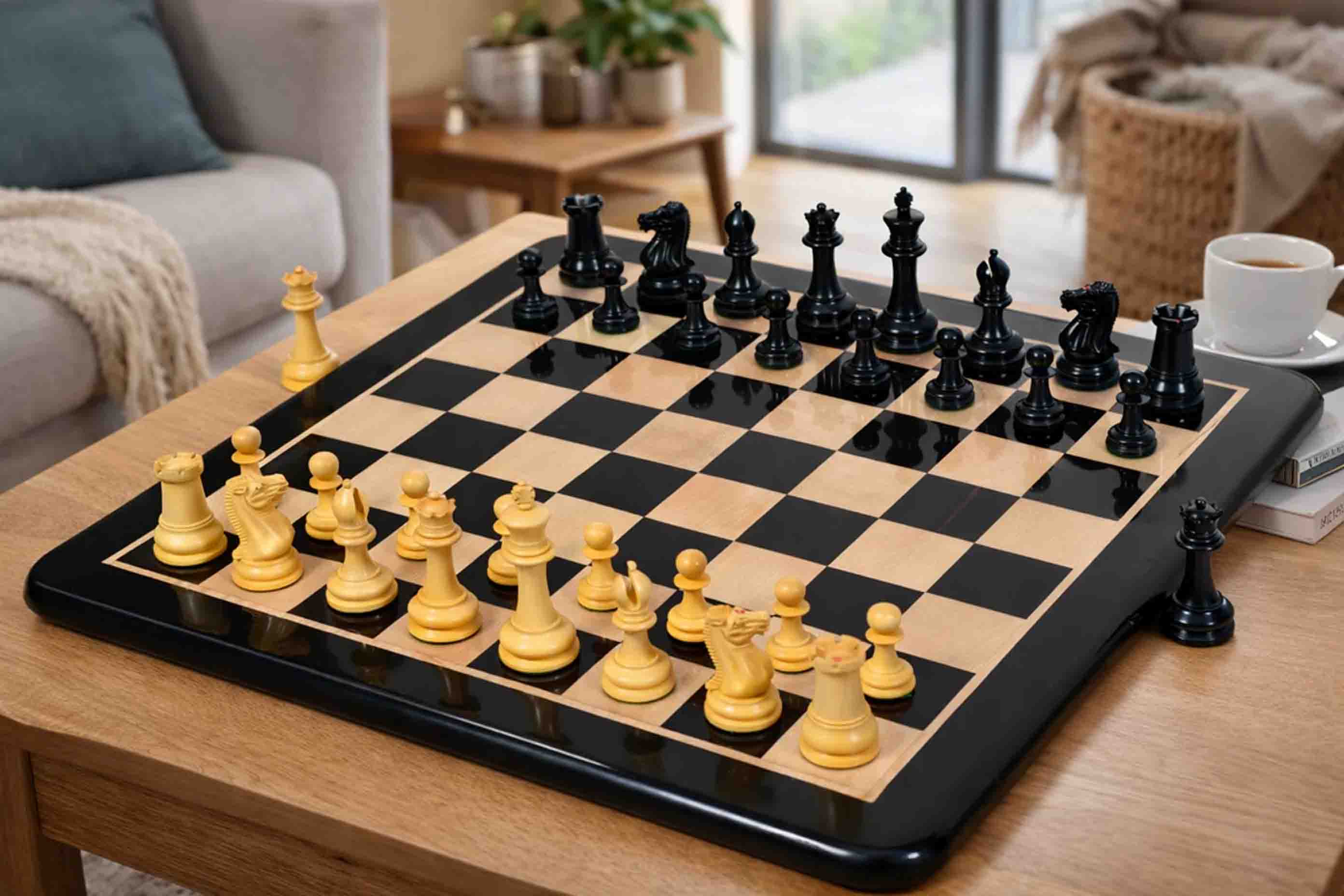Repro 1849 Original Staunton Pieces Ebony wood & Boxwood - 3.75" King Stamping with Board