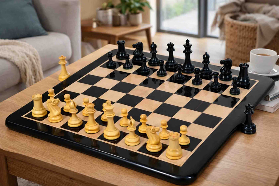 Repro 1849 Original Staunton Pieces Ebony wood & Boxwood - 3.75" King Stamping with Board
