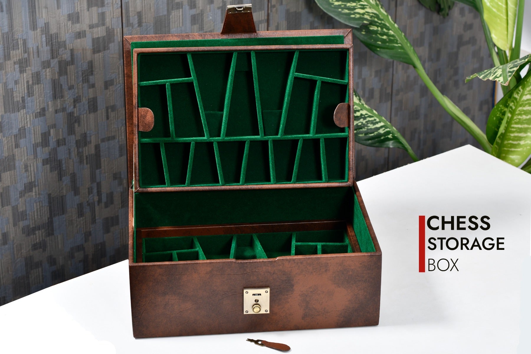 Leatherette Chess Set Storage Box with Double Tray Fixed Slots for 4" - 4.25" Pieces in Brown Color