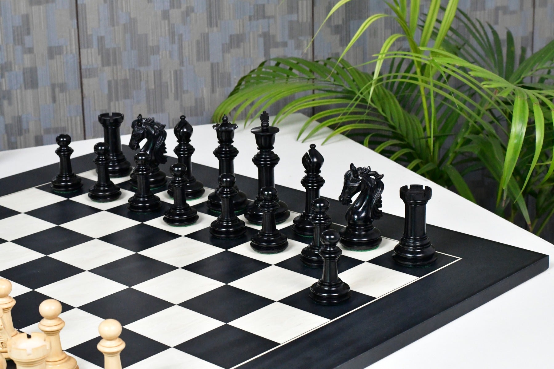 Combo of French Warrior Luxury Chess Set in Ebony & Boxwood  & Black Anigre Maple Chessboard - 4.9" King