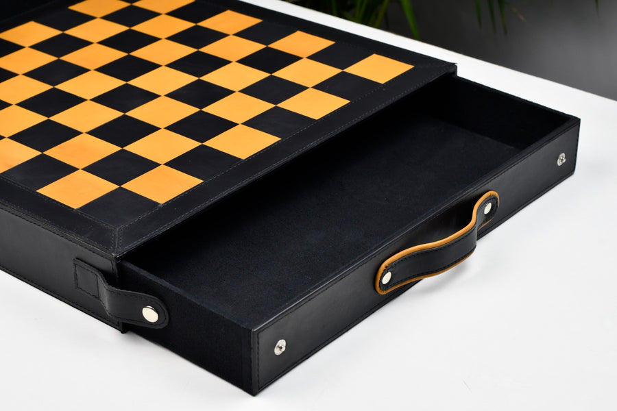 Genuine Leather Chess Board Built-In Storage Black Anigre 16" 45mm