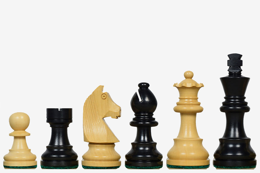 Tournament Staunton Chess Pieces with German Knight in Ebonized Boxwood (3" King)