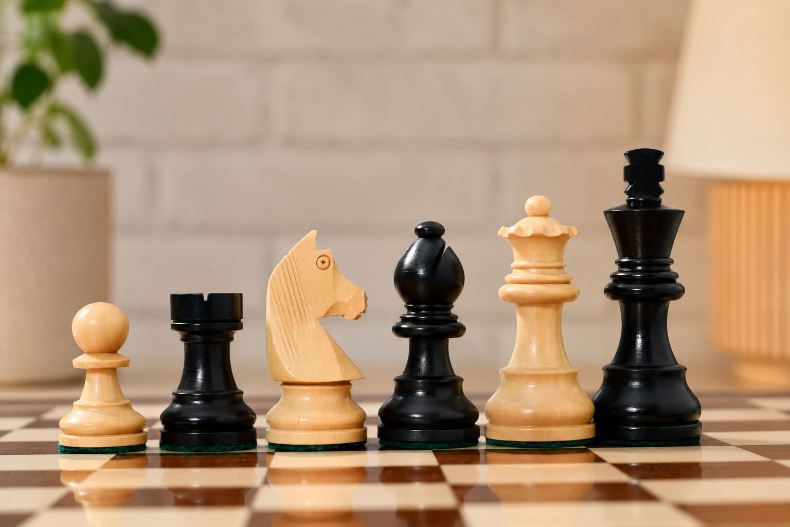 Tournament Staunton Chess Pieces with German Knight in Ebonized Boxwood (3" King)