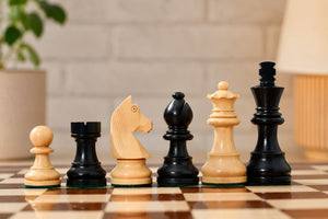 Tournament Staunton Chess Pieces with German Knight in Ebonized Boxwood (3" King)