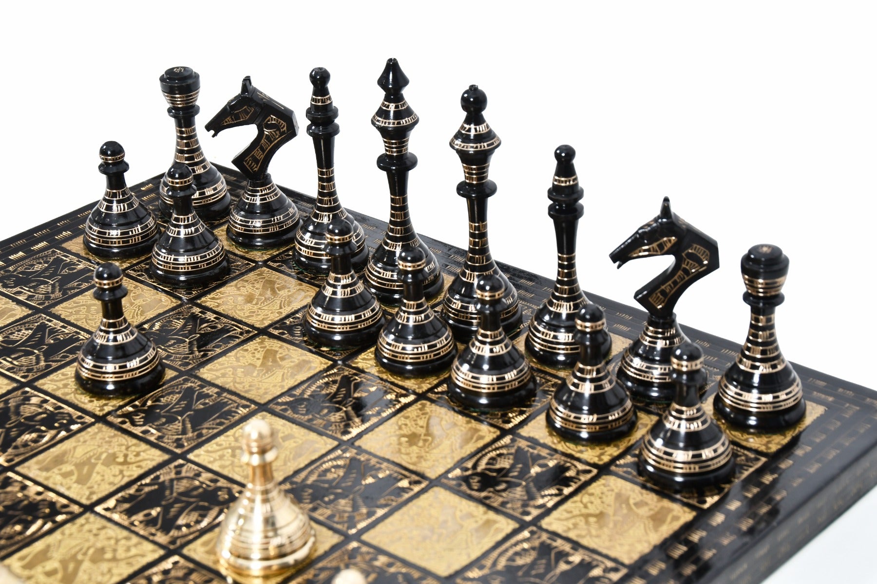 Brass Metal Luxury Chess Pieces & Board Combo Set in Shiny Gold and Black Color