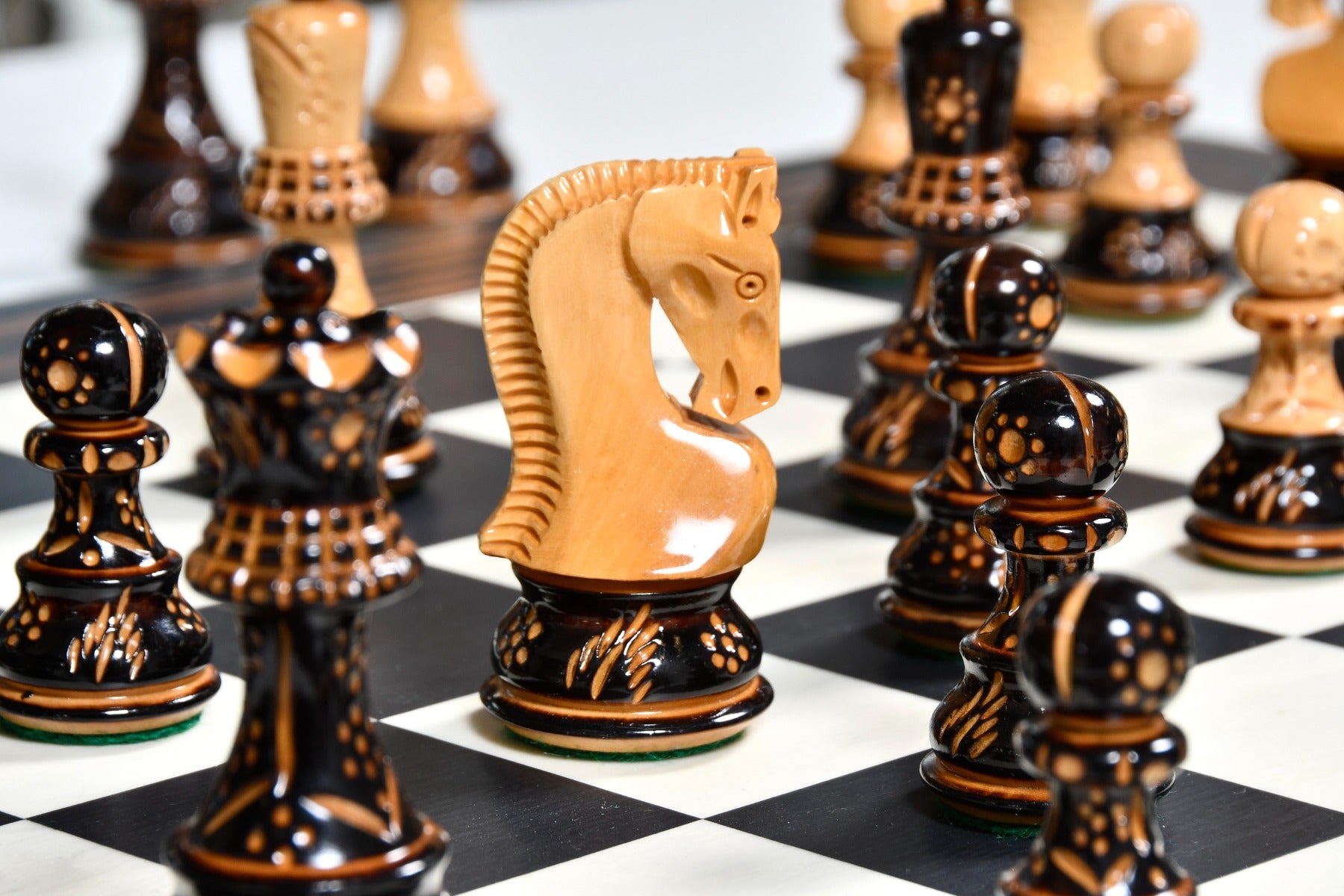 1959 Reproduced Russian Zagreb Staunton Series Chess Set in Burnt & Natural Boxwood & Tiger Ebony Maple Chess Board - 3.75" King