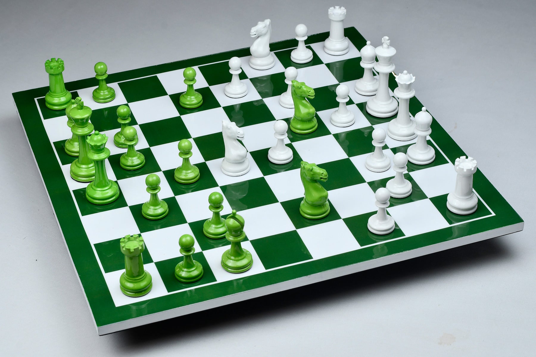 Shamrock Chess Set Painted in Vivid Irish Green & White Plastic - 3.75" King with Board