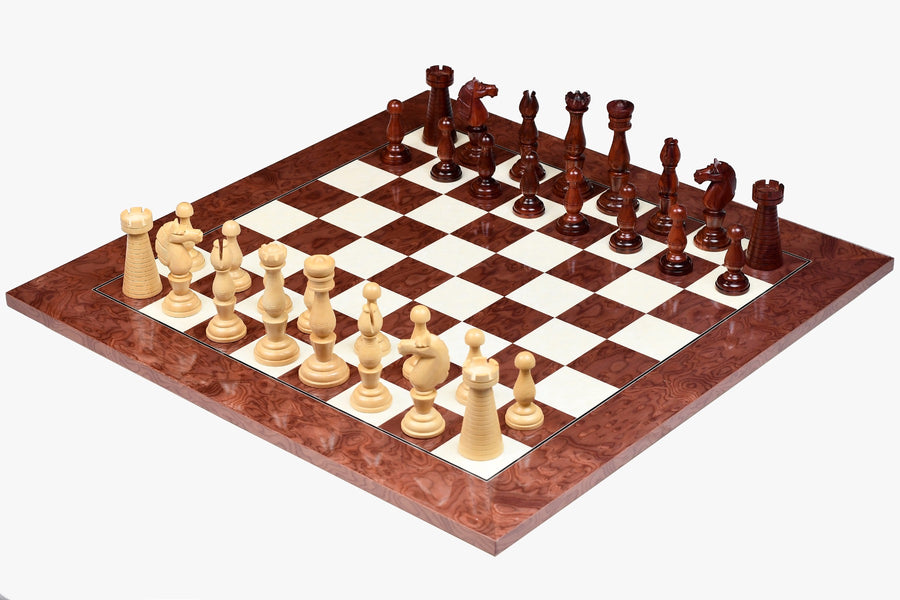 Grand Divan Chess Pieces in Bud Rosewood/Boxwood with Board & Box - 4.2" King