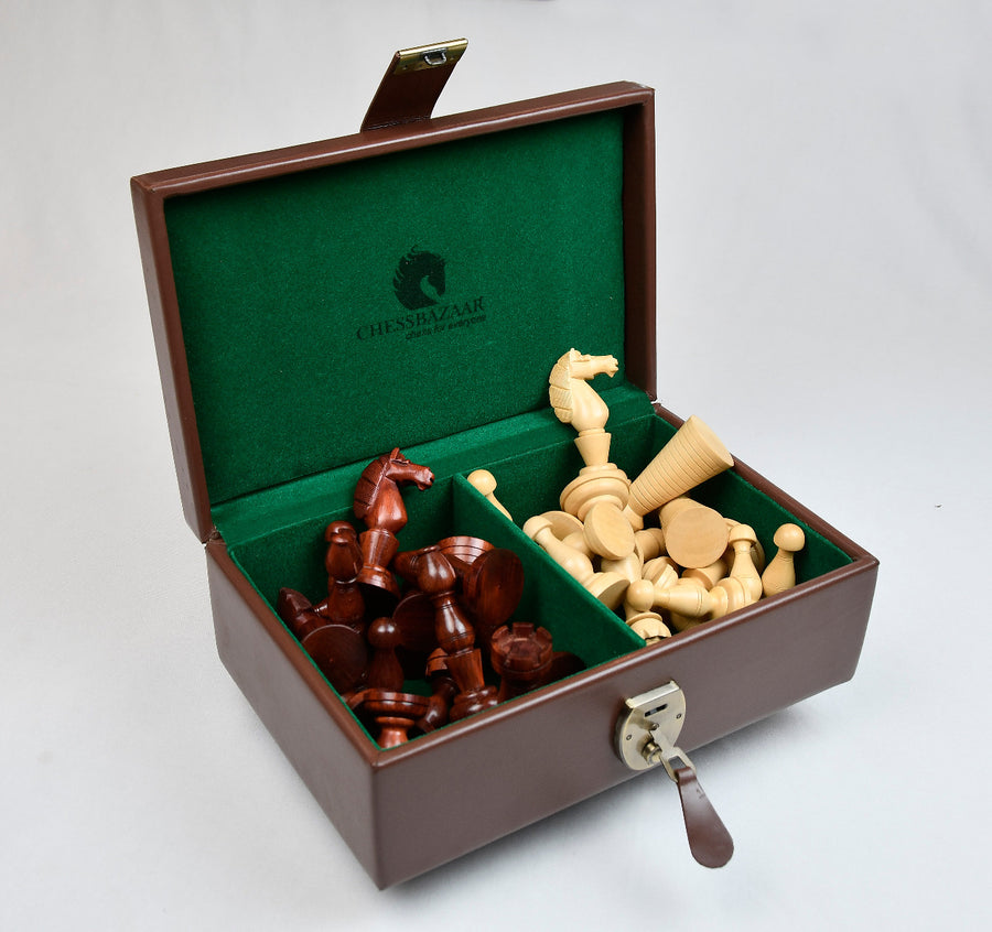Grand Divan Chess Pieces in Bud Rosewood/Boxwood with Board & Box - 4.2" King