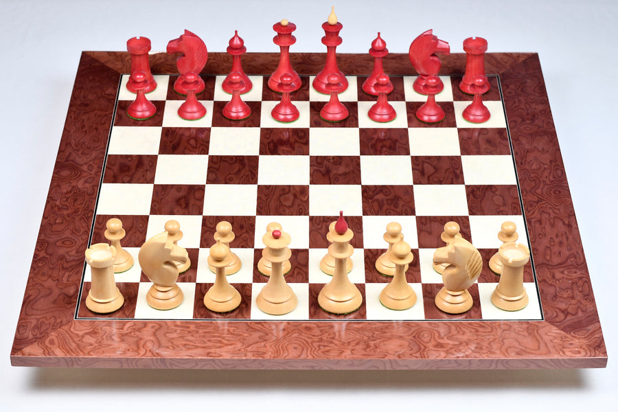 The 1950s Soviet (Russian) Latvian Chess Pieces in Stained Crimson / Box Wood With Board & Box - 4.1" King