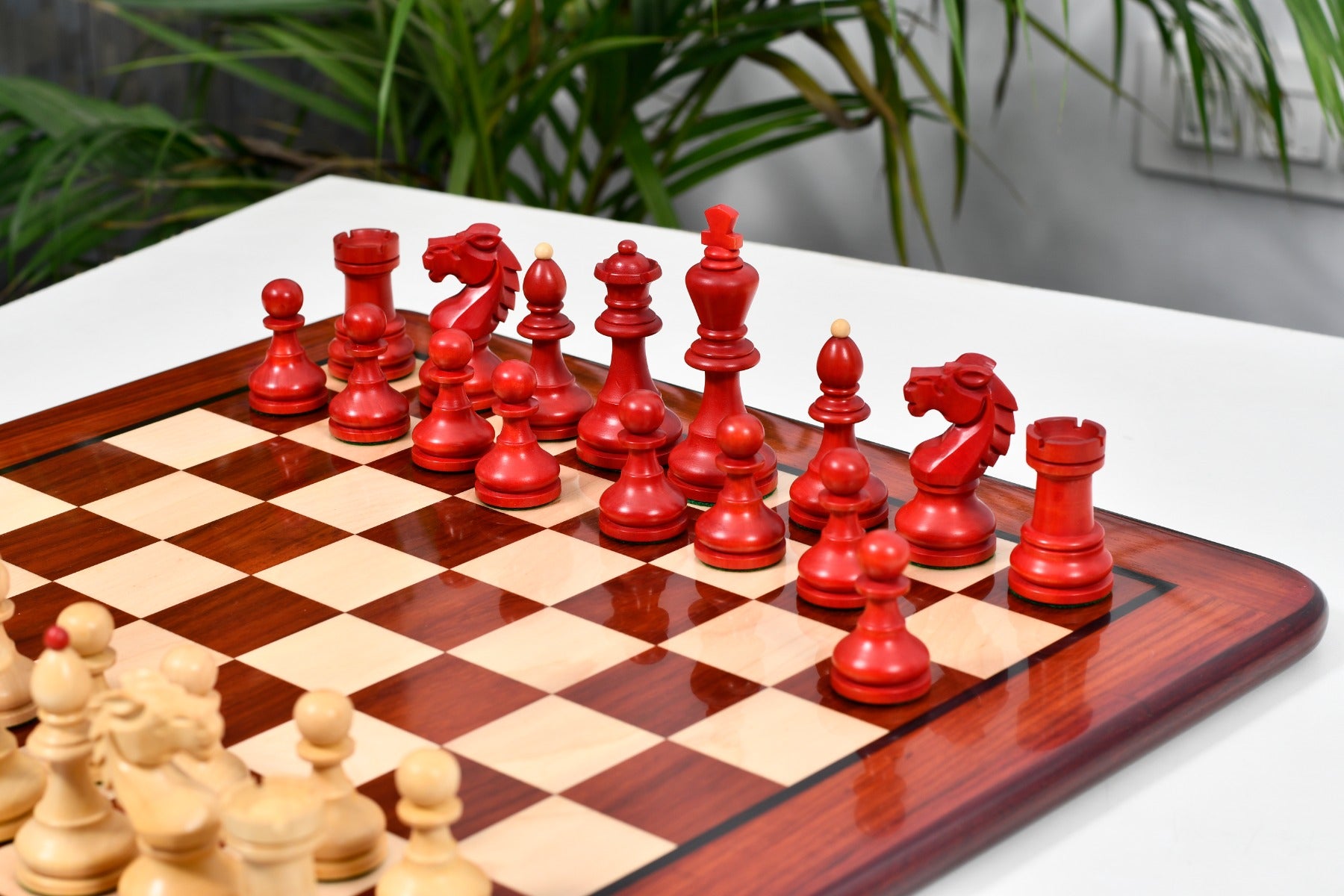 Special Edition Vintage 1950's Circa Bohemia German Chess Set in Stained Crimson Boxwood / Blood Red Wooden Chess Board
