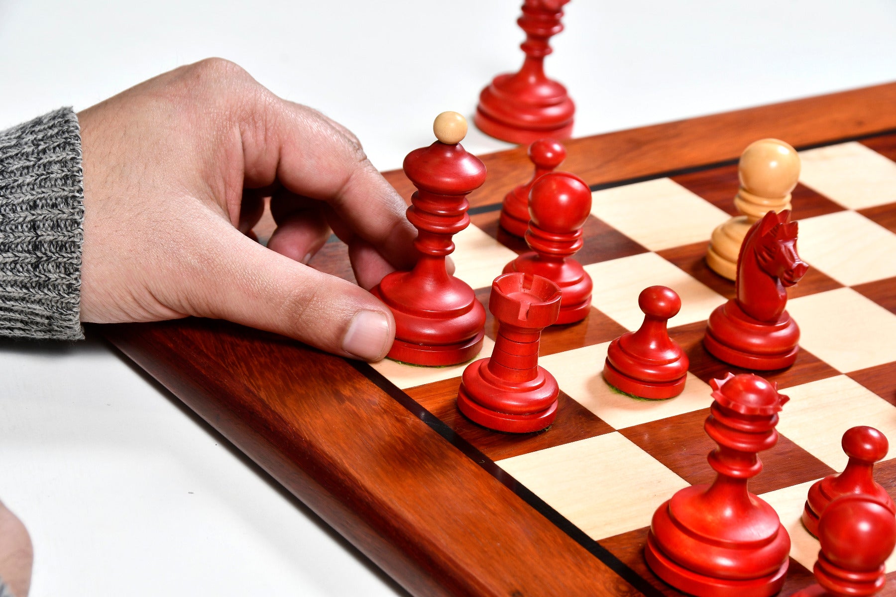 Repro Vintage 1930 German Knubbel Chess Set in Stained Crimson / Boxwood  - 3" King with Board