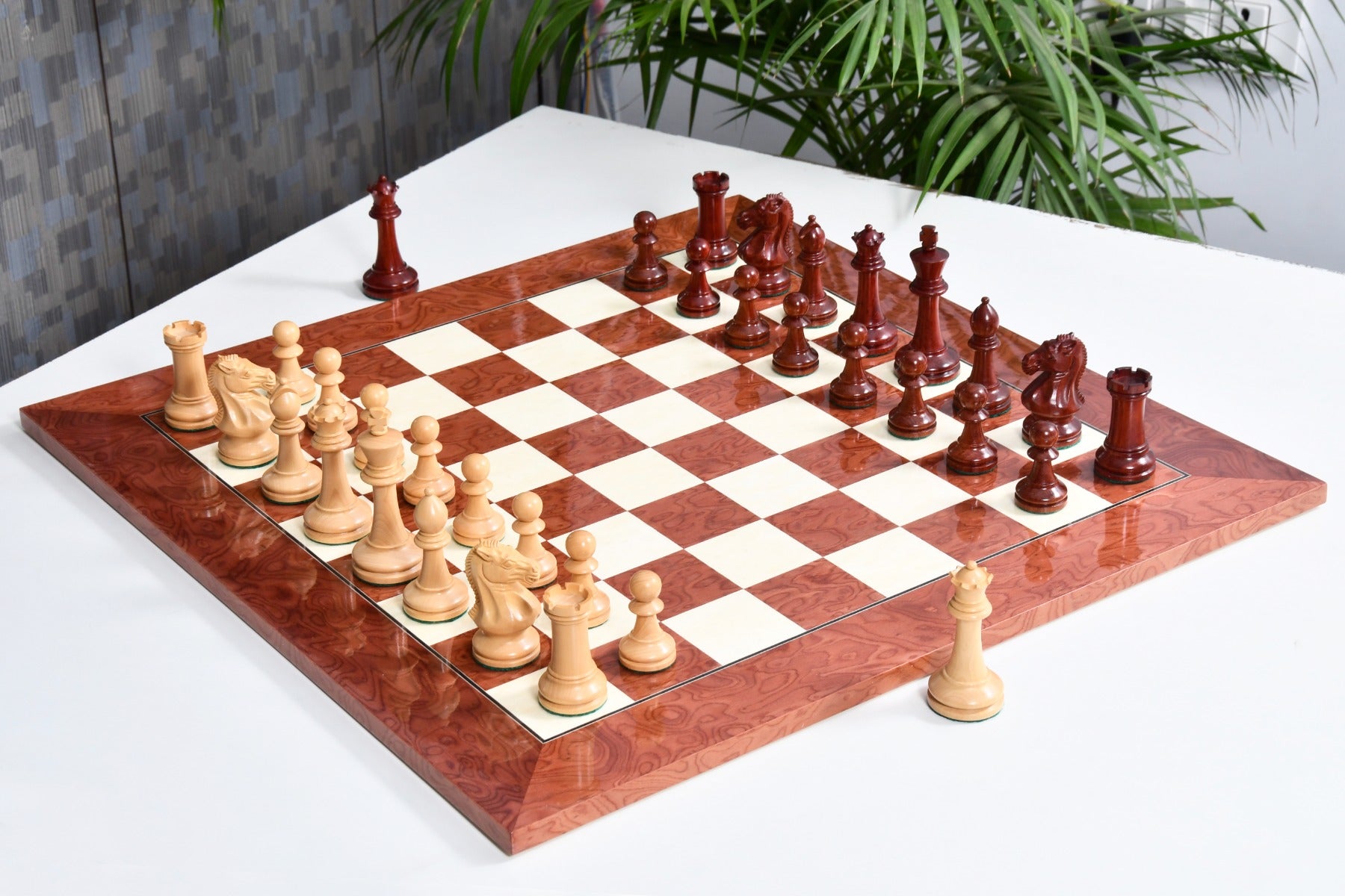 Combo of The GM Blitz Edition Staunton Series Chess Pieces in Bud Rosewood & Box Wood - 3.75" King with Storage Box and Wooden Chess Board 22"