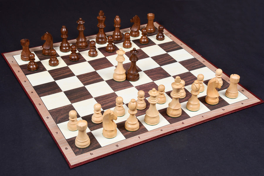 Tournament German Knight Chess Pieces in Sheesham/Boxwood - 3.75" King with Storage Pouch & Board