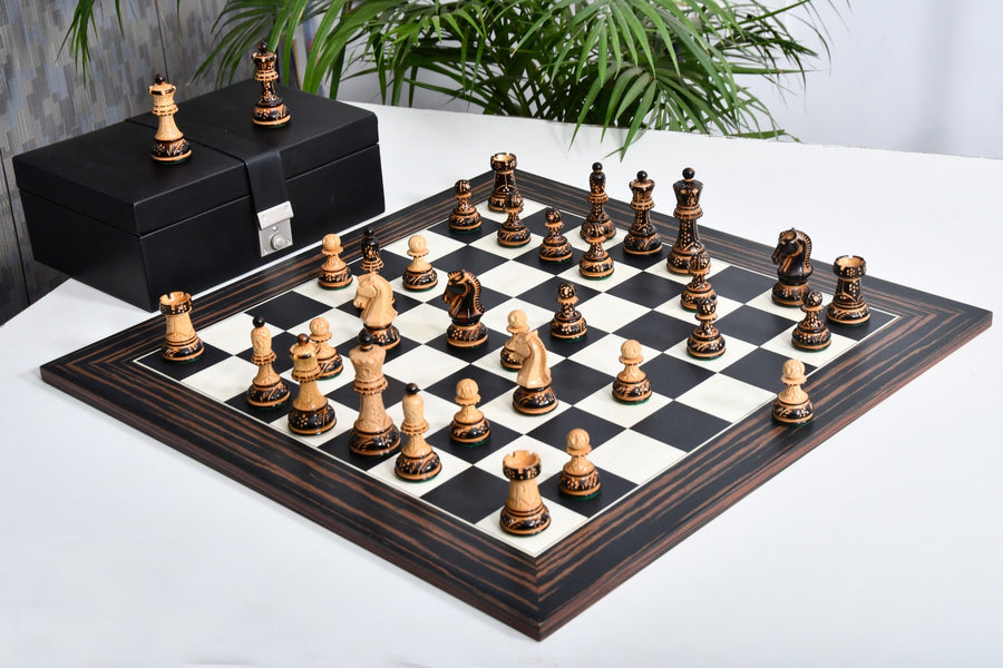1950s' Reproduced Dubrovnik Bobby Fischer Chessmen Version 3.0 in Lacquer Finished Burnt & Natural Box Wood - 3.7" King with Board & Box