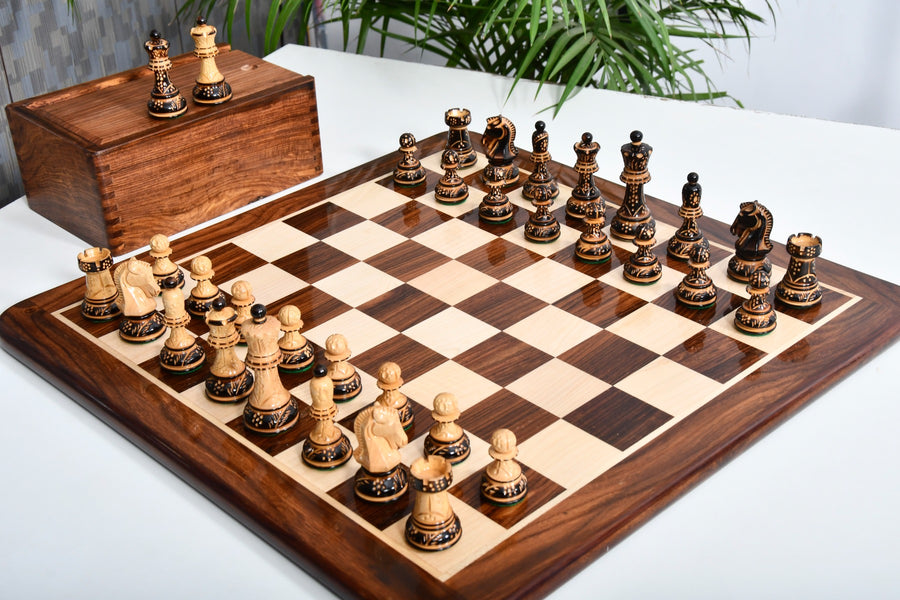 1950s' Reproduced Dubrovnik Bobby Fischer Chessmen Version 3.0 - Lacquer Finished Burnt & Natural Box Wood - 3.7" King with Board & Box