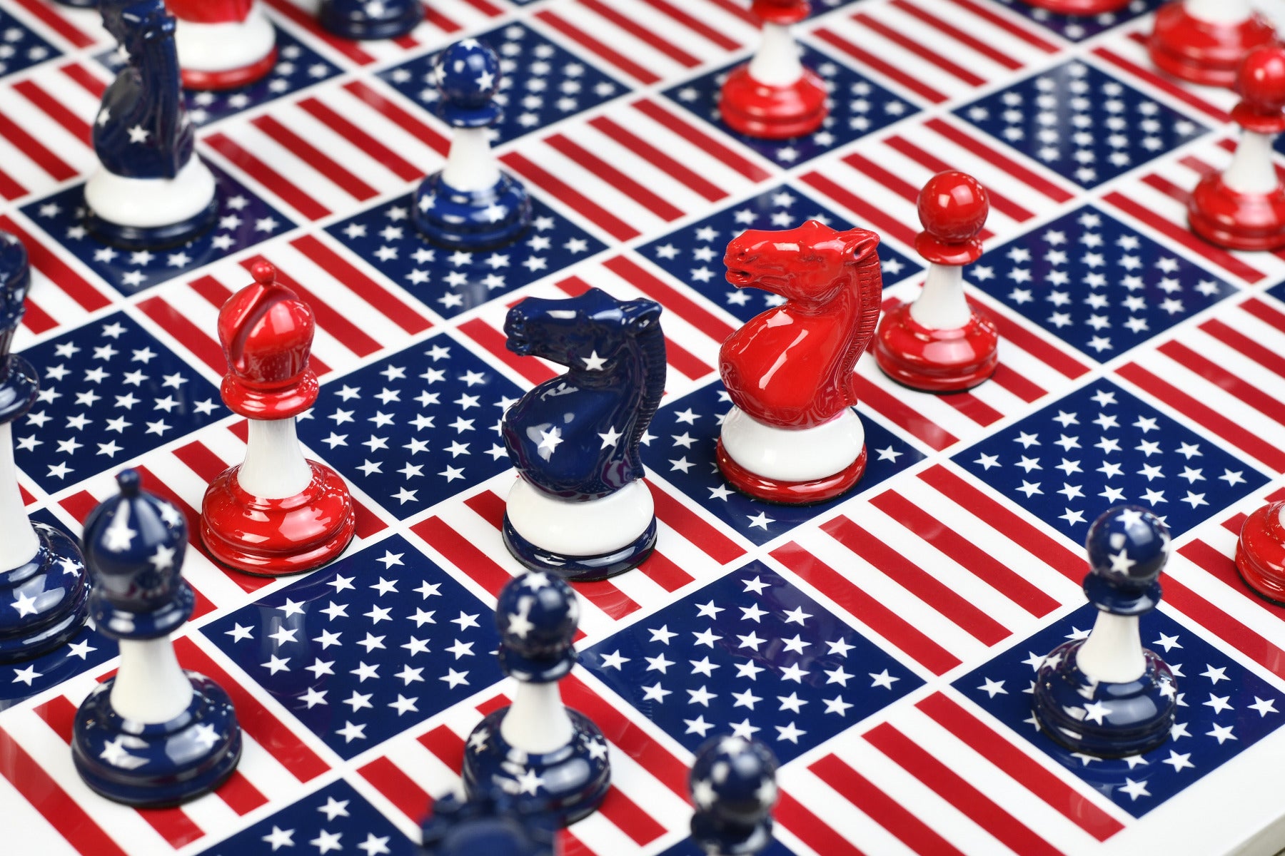 The Captain America Weighted Chess Set Painted in Red and Blue Plastic - 3.75" King