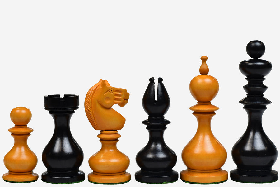 Repro Dublin Calvert Chess Pieces in Ebonized/Antiqued Boxwood with Chessboard & Box - 4.1" King