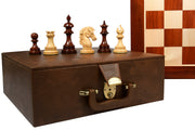 Combo of New Indian-American Luxury Series Triple Weighted Chess Pieces in Bud Rosewood (Padauk) / Box Wood - 4.4" King with Chess Board and Storage Box