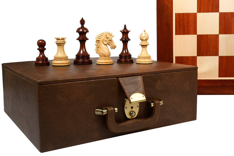 Combo of New Indian-American Luxury Series Triple Weighted Chess Pieces in Bud Rosewood (Padauk) / Box Wood - 4.4" King with Chess Board and Storage Box