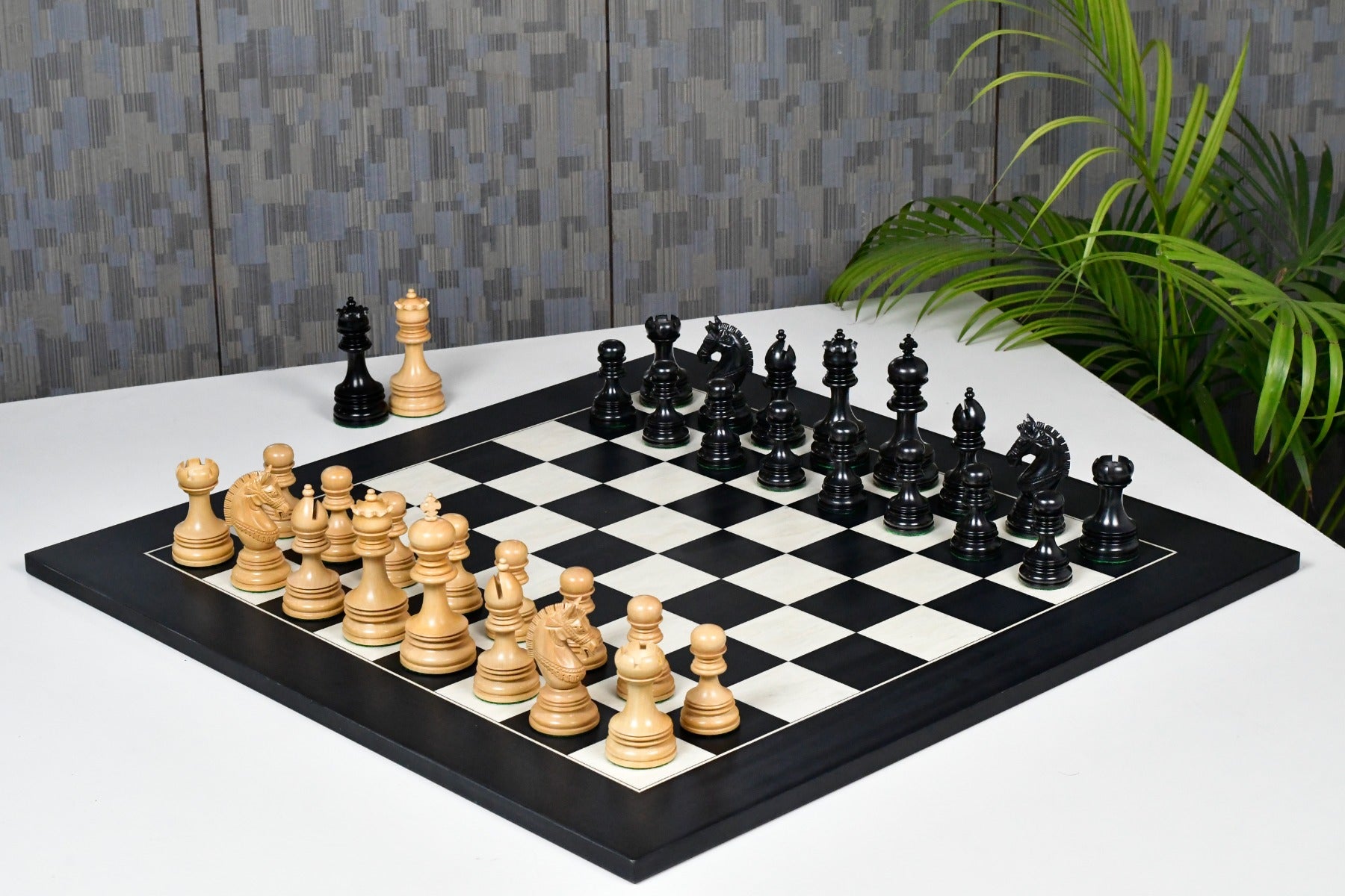 Indian Chetak II Customized Staunton Chess Set in Ebony & Boxwood with Black Anigre Maple Chessboard - 4.2" King