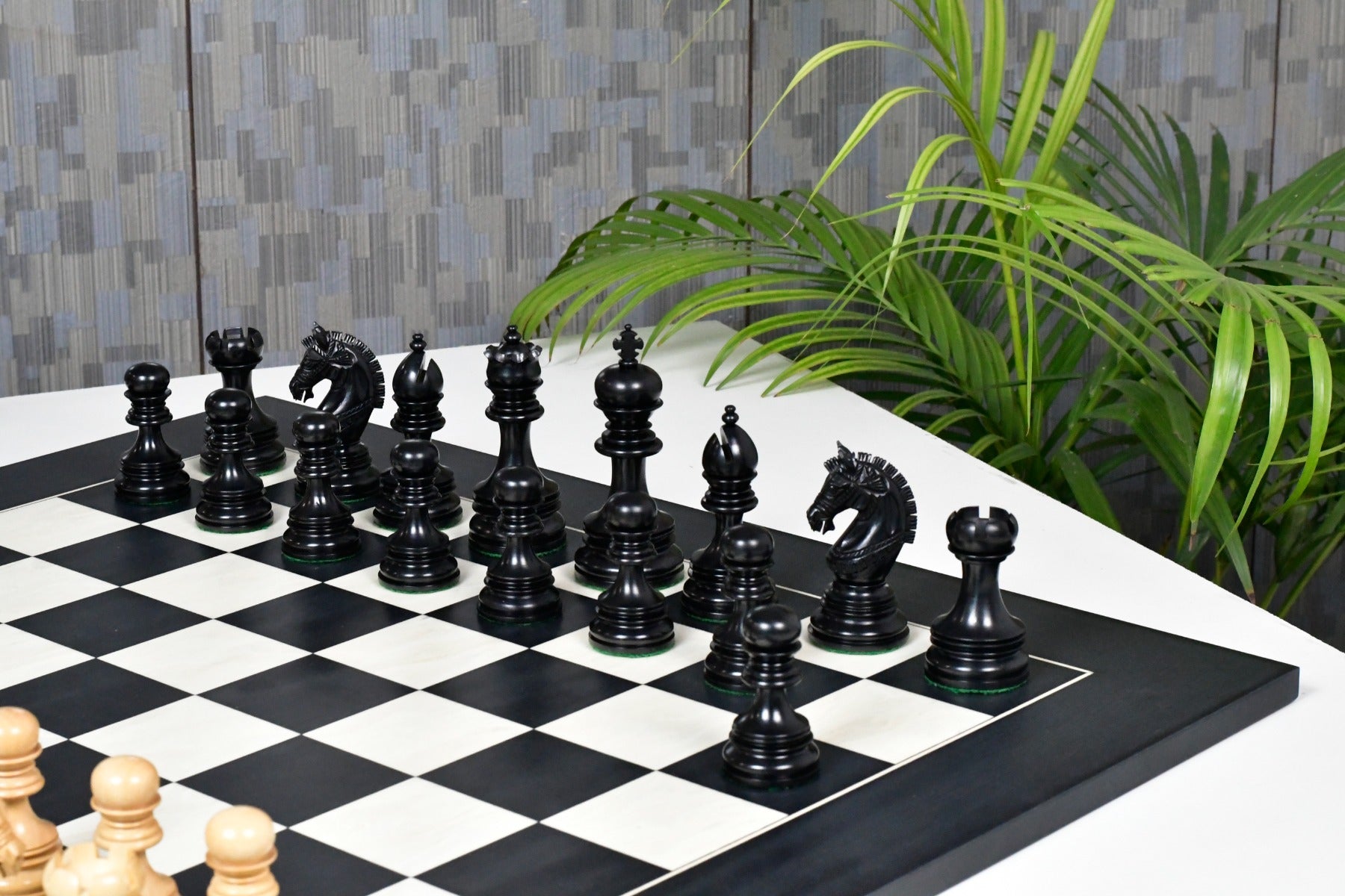 Indian Chetak II Customized Staunton Chess Set in Ebony & Boxwood with Black Anigre Maple Chessboard - 4.2" King