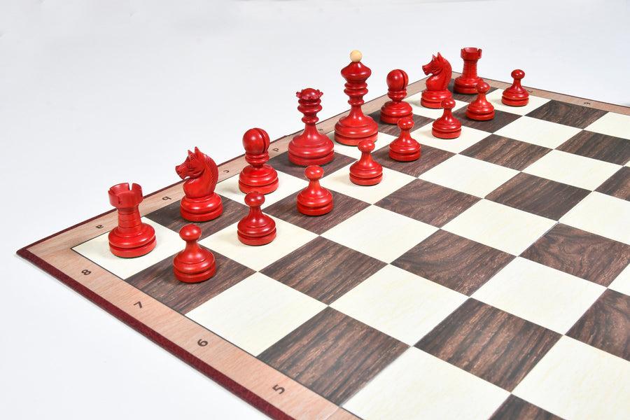 1930 Knubbel Chess Pieces Stained Crimson & Boxwood 3" with Folding Board