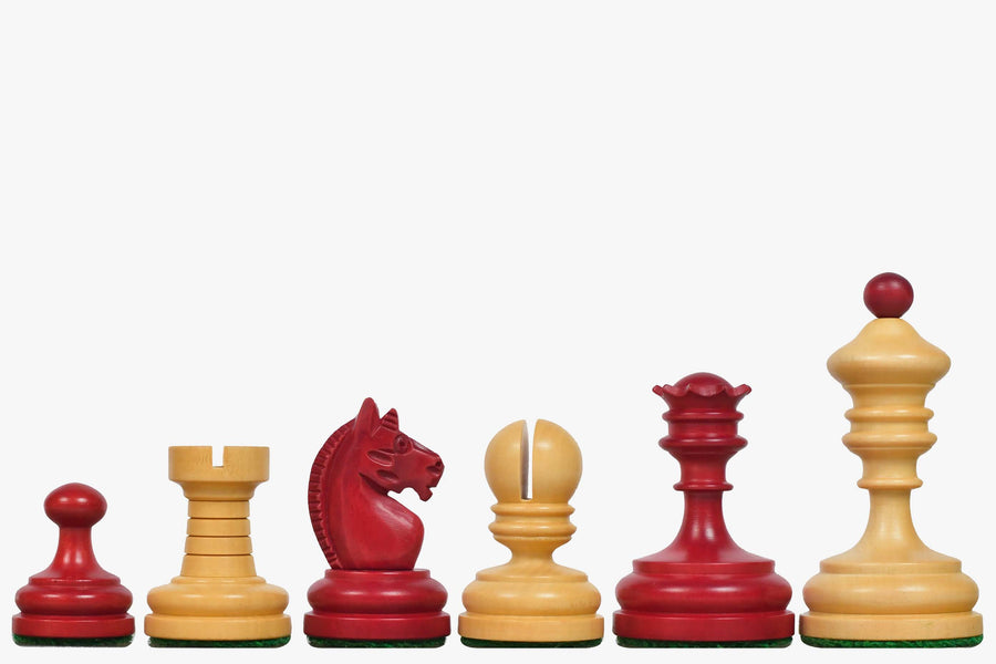 Vintage 1930 Knubbel Analysis Chess Pieces in Stained Crimson and Boxwood - 3" King