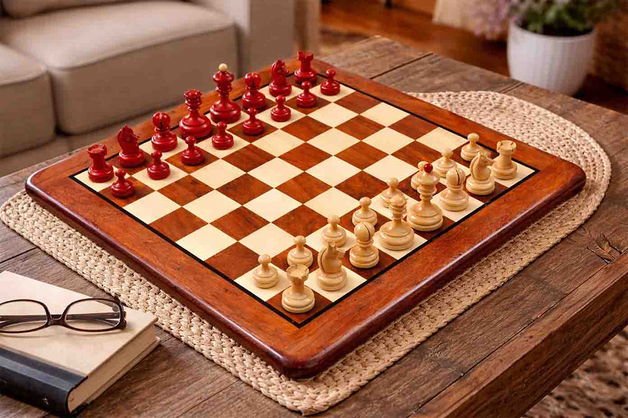 1930 German Knubbel Chess Set Stained Crimson Boxwood 3" with Board
