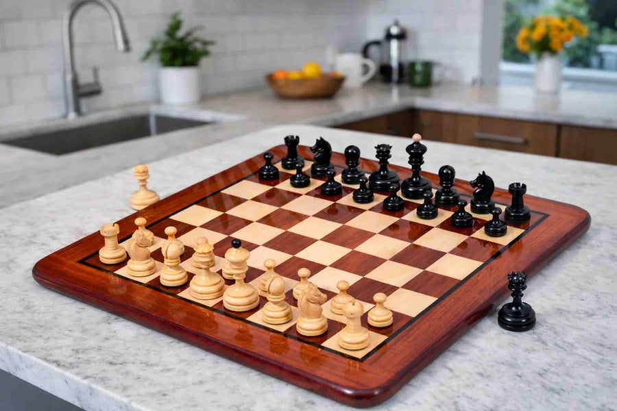 Repro 1930 German Knubbel Chess Pieces Ebonized Boxwood 3" with Board