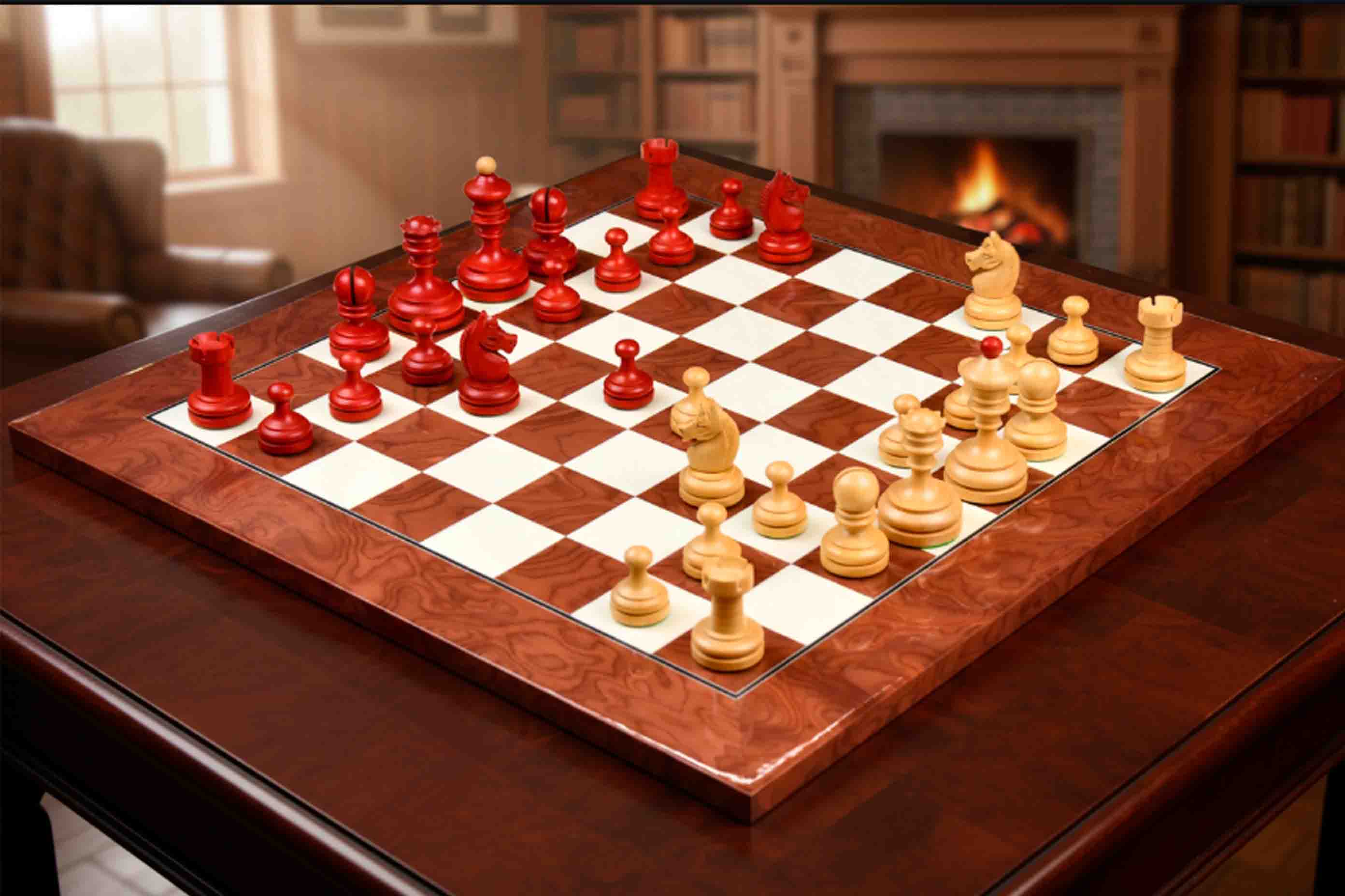 1930 Knubbel Analysis Chess Set Stained Crimson Boxwood 3" with Board