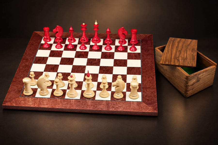 The 1950s Soviet (Russian) Latvian Chess Pieces in Stained Crimson / Box Wood With Board & Box - 4.1" King