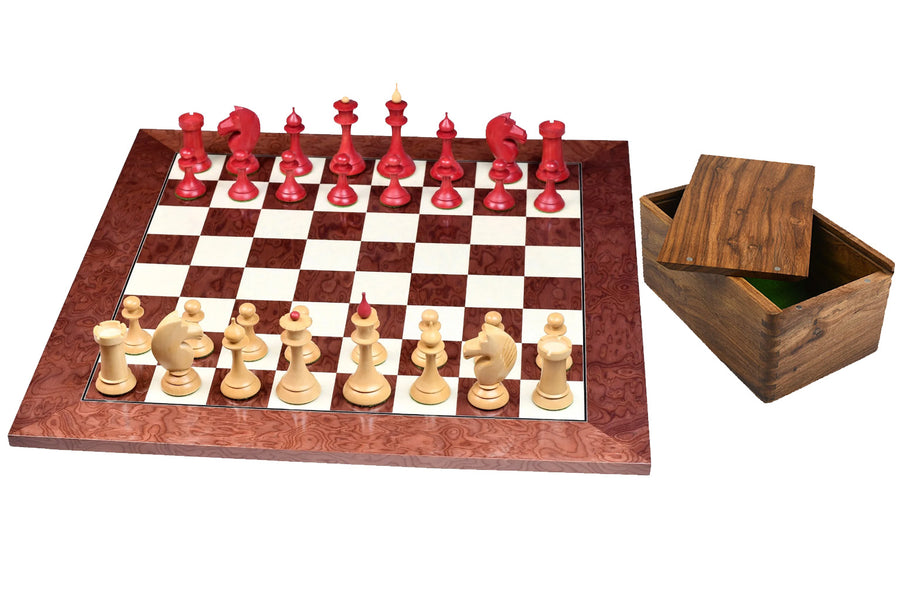 The 1950s Soviet (Russian) Latvian Chess Pieces in Stained Crimson / Box Wood With Board & Box - 4.1" King