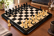 1950s Soviet Latvian Chess Set Ebonized Boxwood 4.1" with 21" with Chess Board