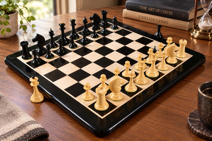 1950s Soviet Latvian Chess Set Ebonized Boxwood 4.1" with 21" with Chess Board