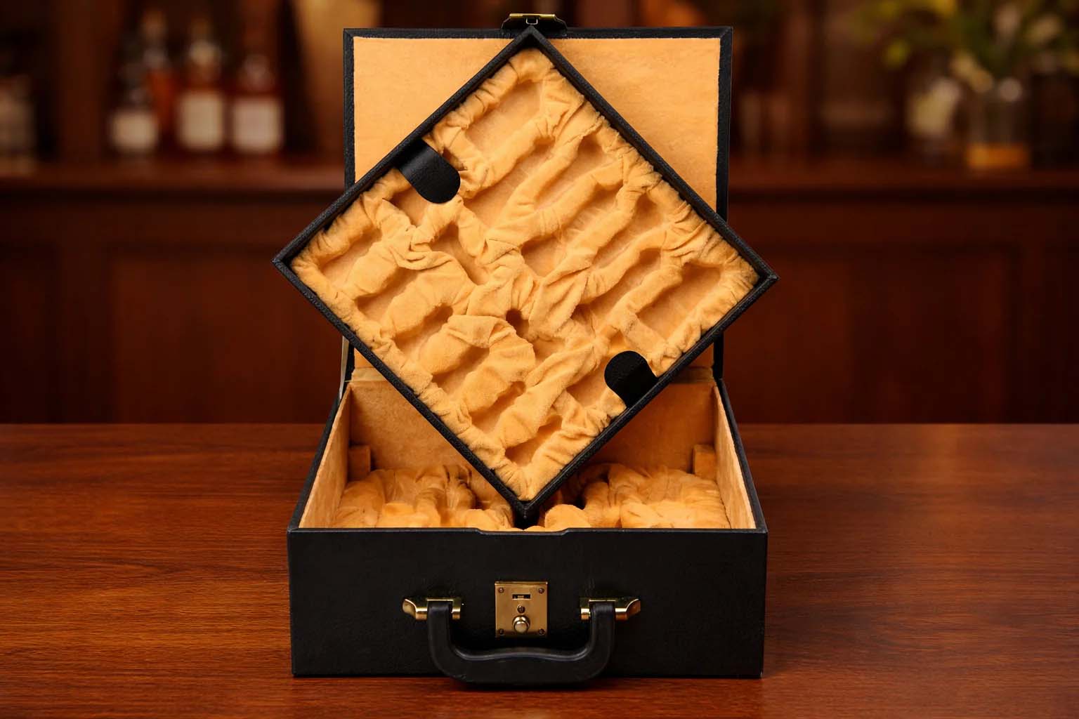 Black Leatherette Chess Storage Coffer Double Tray 3.75"-4.1" Pieces