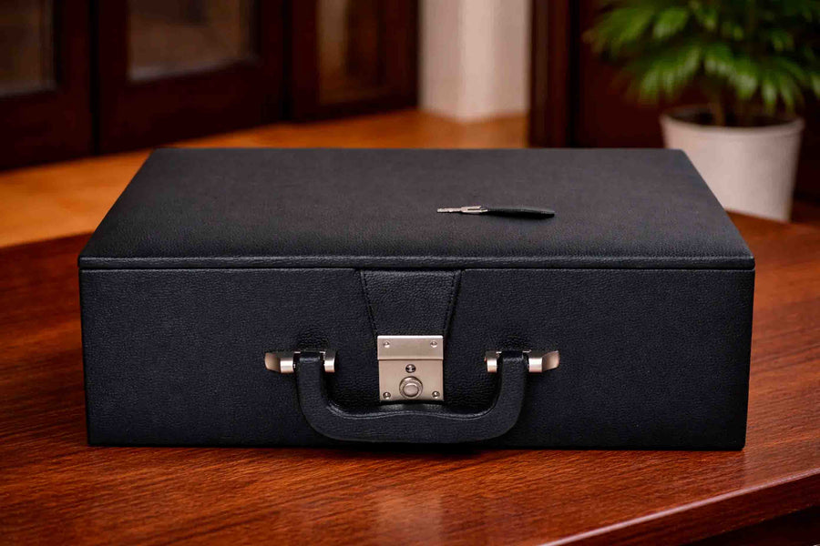 Leatherette Chess Storage Coffer Double Tray Fixed Slots 4.2"-4.8" Chess Pieces