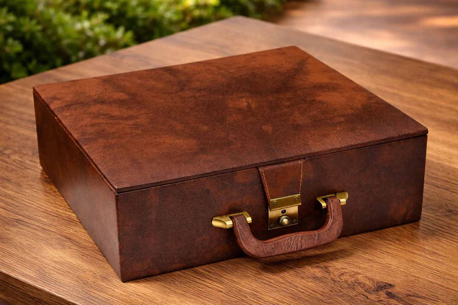 Brown Leatherette Chess Storage Box Double Tray 4.2"-4.8" Pieces