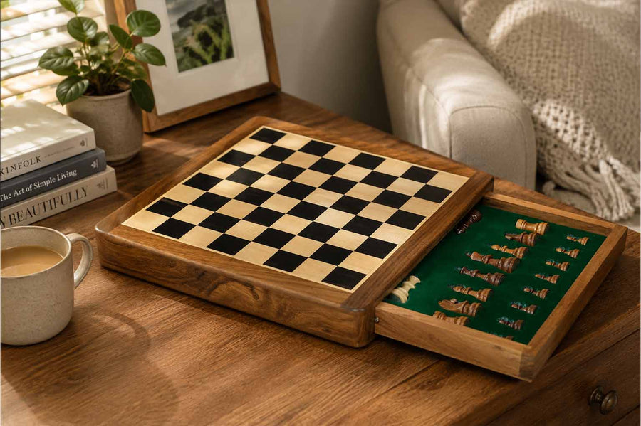 12" Magnetic Travel Chess Set Rosewood Drawer Storage Extra Queens