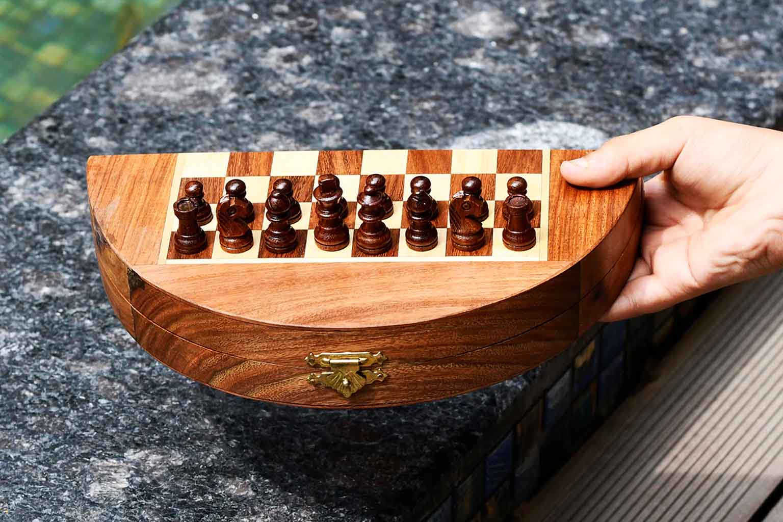 Travel Folding Magnetic Round Chess Set in Sheesham & Maple 8.75"- King