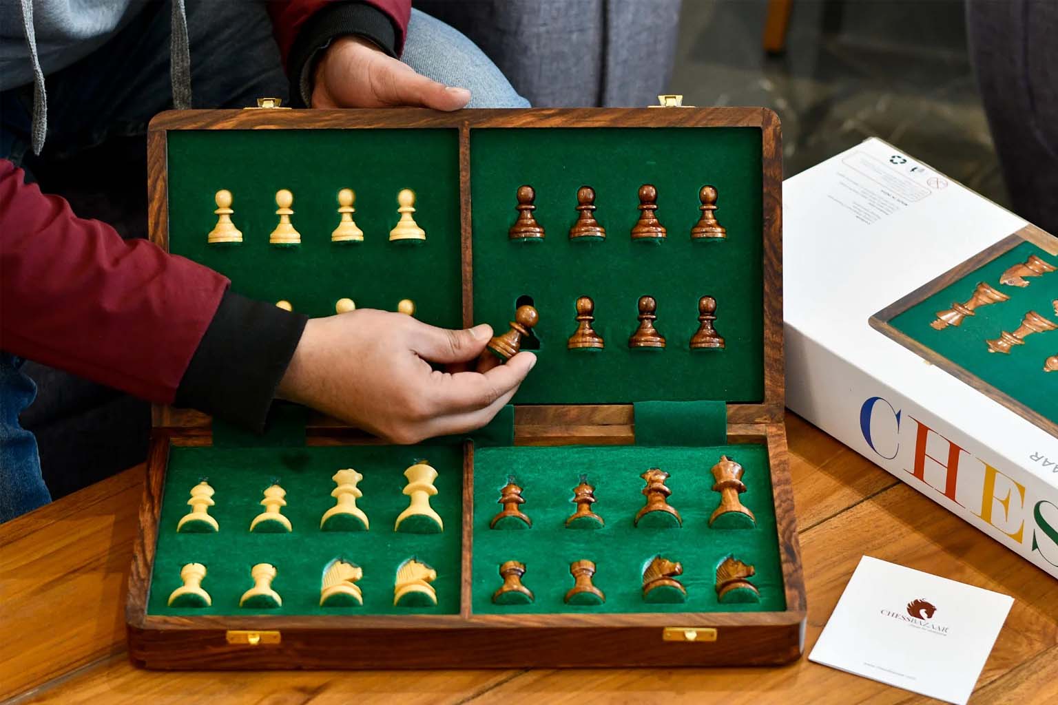 Travel Folding Non-Magnetic Lacquer Chess Set Sheesham & Maple 16"