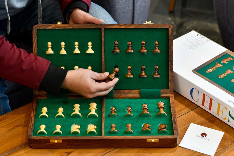Travel Folding Non-Magnetic Lacquer Chess Set Sheesham & Maple 16"