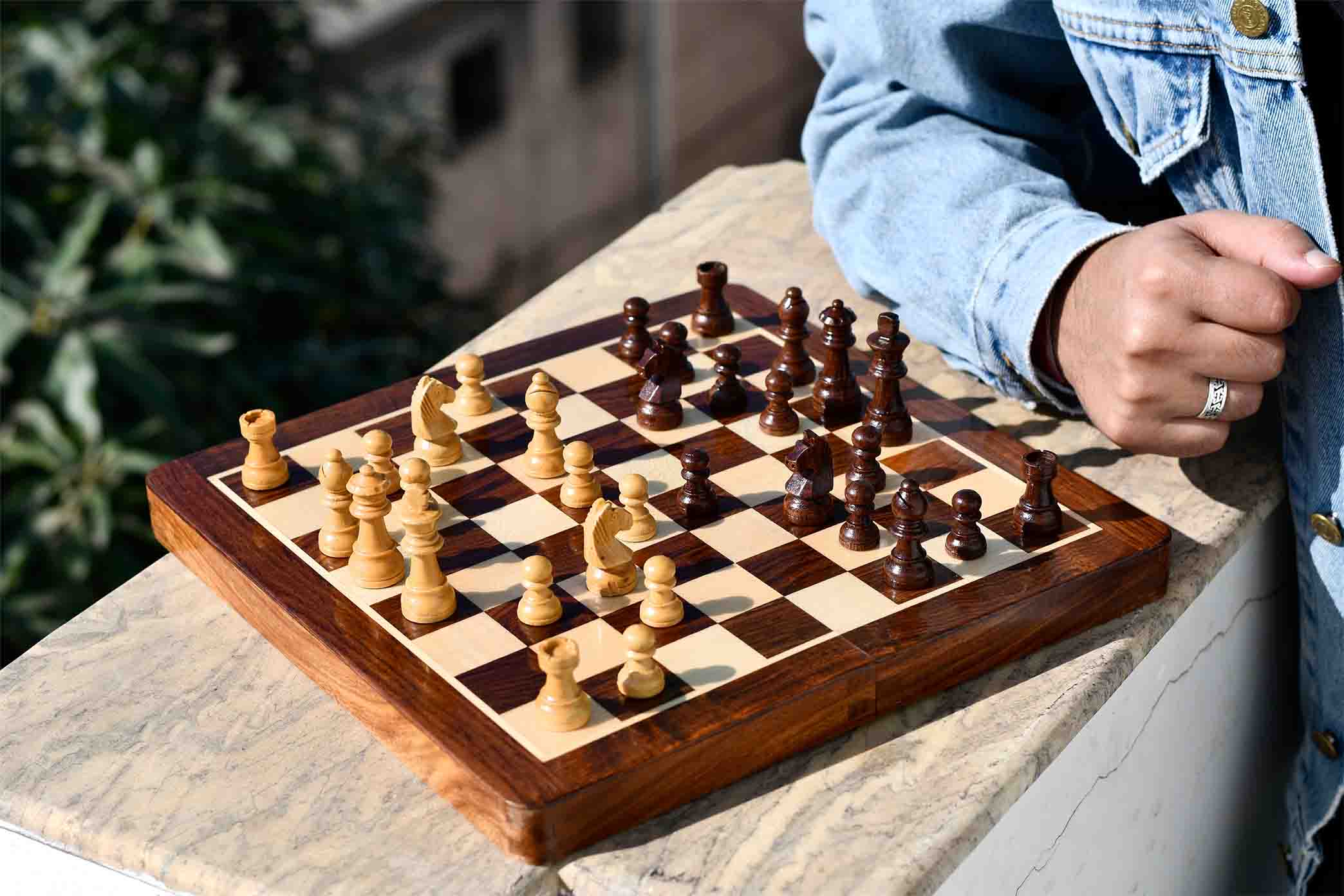 Travel Folding Magnetic Lacquer Chess Set in Sheesham & Maple 12"