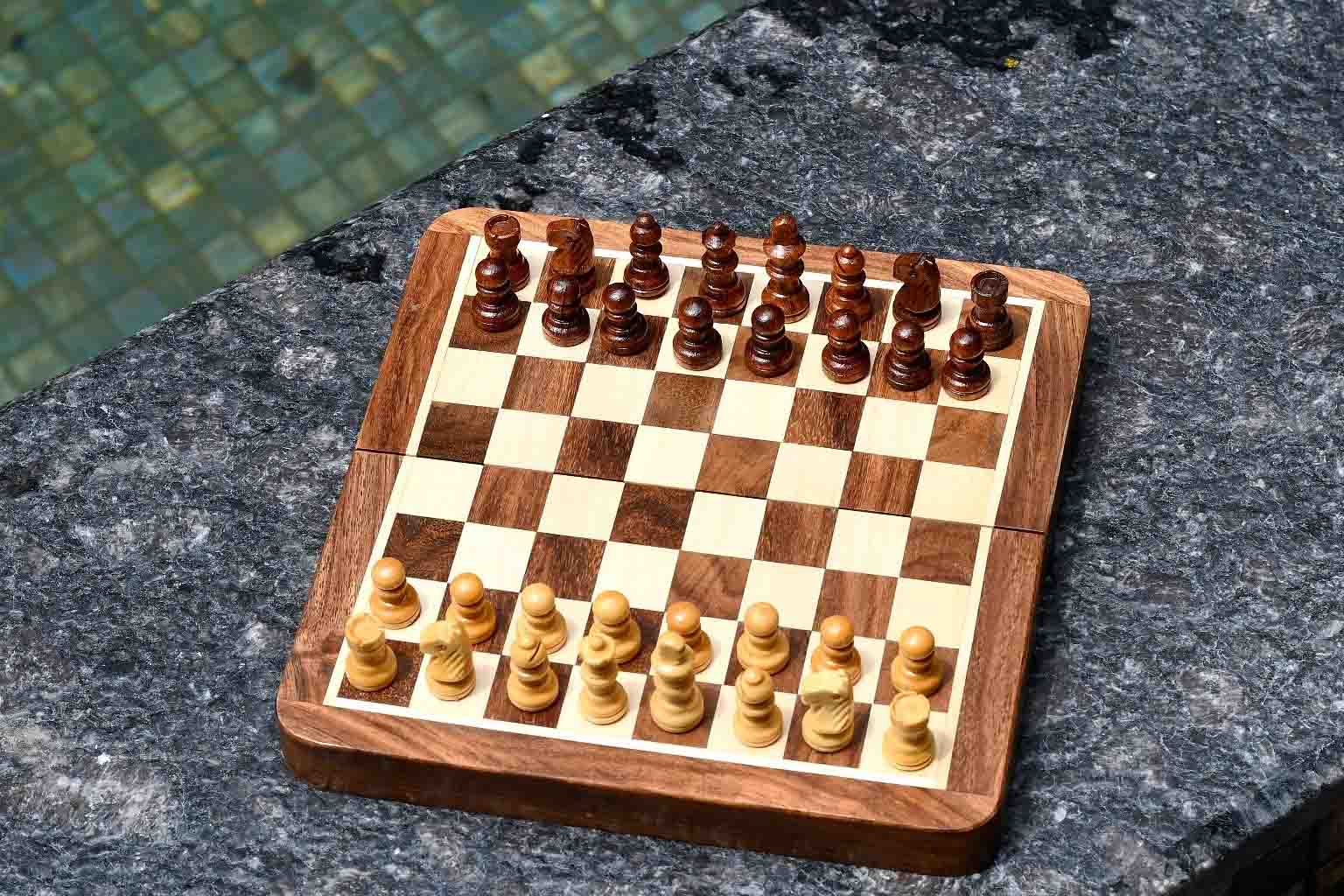 Travel Folding Magnetic Chess Set 7" Sheesham & Maple Lacquered Board