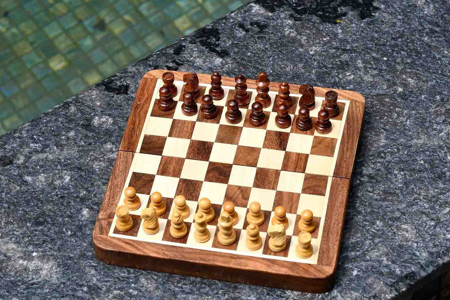 Travel Folding Magnetic Chess Set 7" Sheesham & Maple Lacquered Board