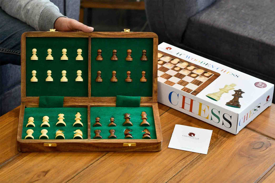 Travel Folding Magnetic Lacquer Chess Set in Sheesham & Maple 14"