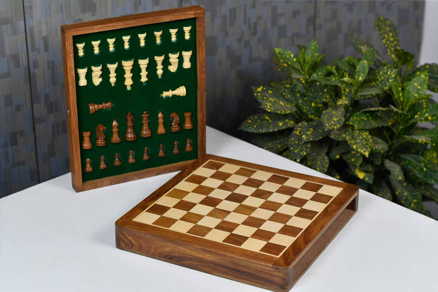 12" Magnetic Travel Chess Set Sheesham & Maple Board Drawer Storage