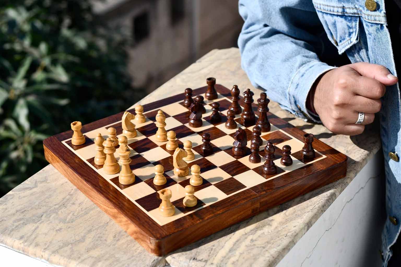 Travel Folding Magnetic Lacquer Chess Set in Sheesham & Maple 12"