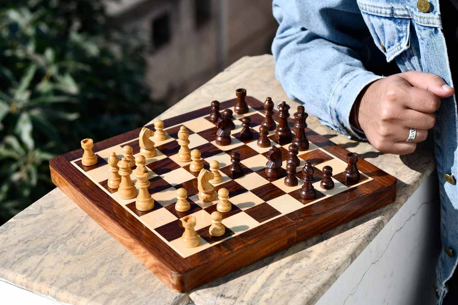 Travel Folding Magnetic Lacquer Chess Set in Sheesham & Maple 12"